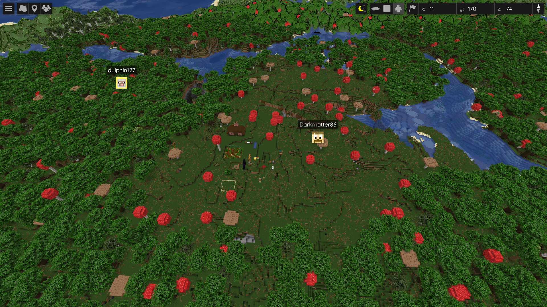 Birds eye view of Vanilla Tyme season 10 spawn area showing a dark oak forest partially chopped down.