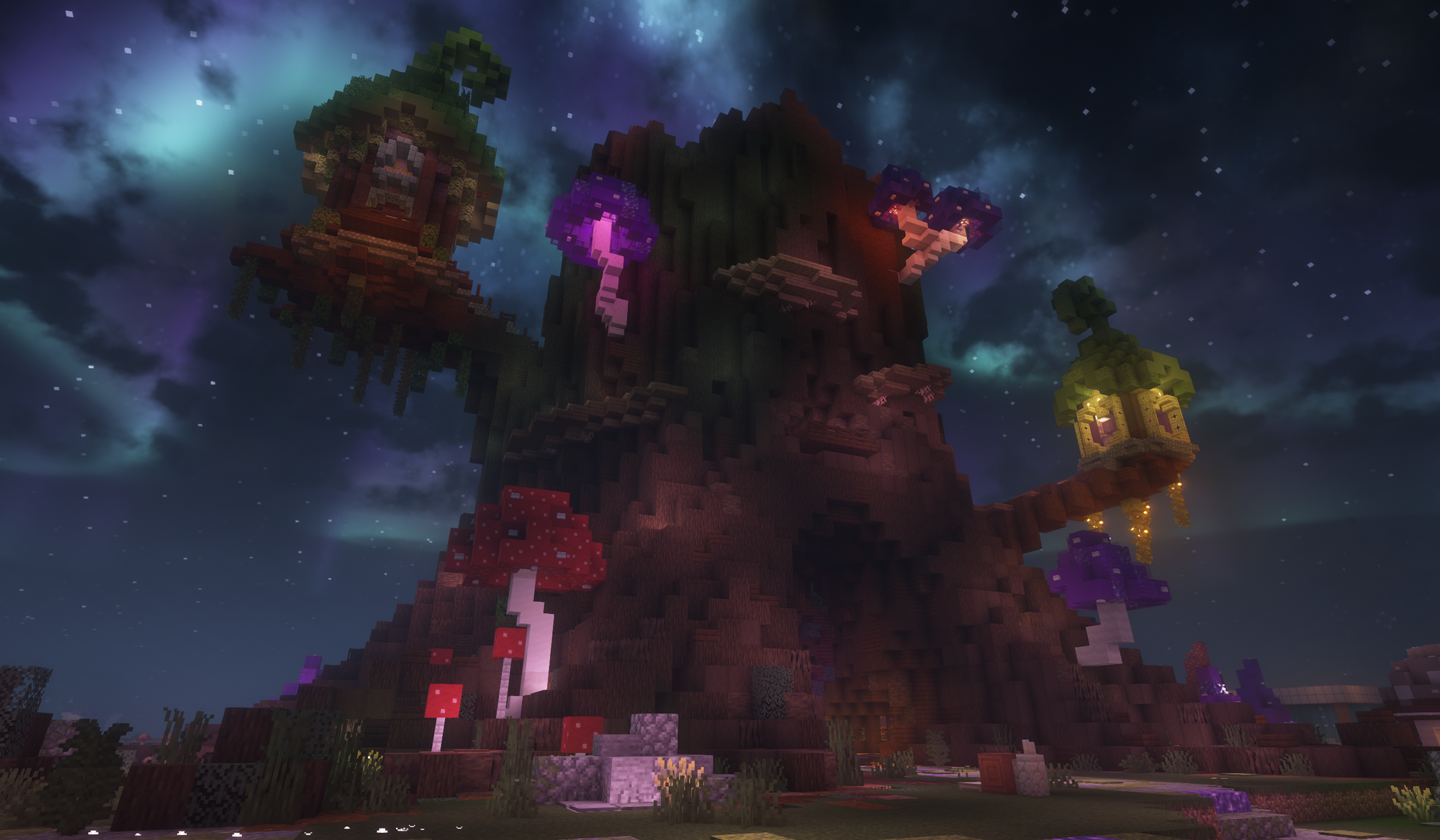 A magical ancient tree stump with mushrooms growing off of it. There are small huts hanging off of it illuminated by the night sky.