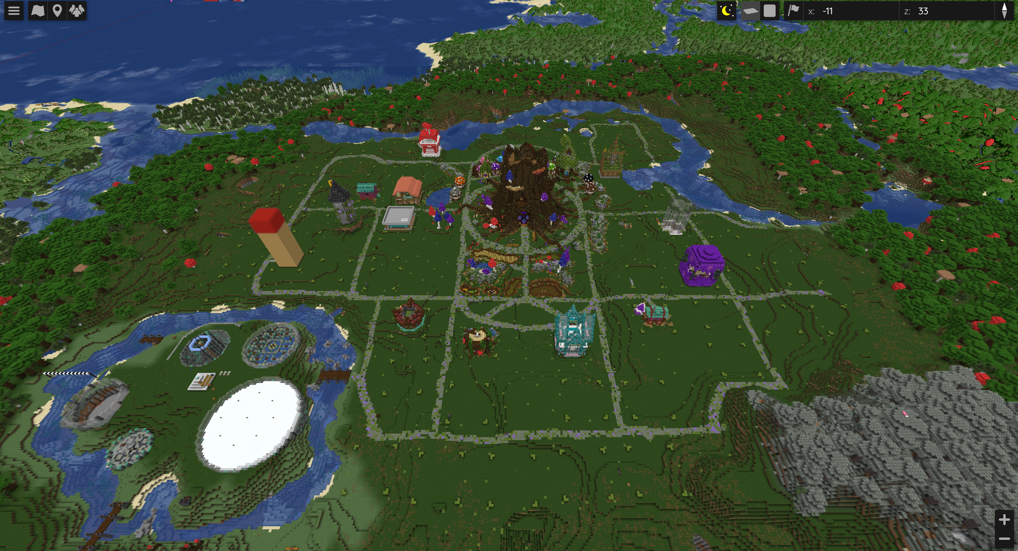 Spawn area showing the main tree stump build, market paths, several player shops, and the mini games area.